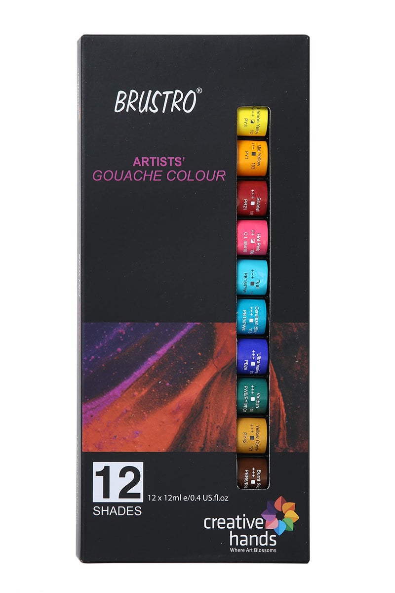 BRUSTRO Artists Gouache Colour | Set of 12 Colours X 12ml Tubes | Highly pigmented, Opaque Colors, Intermixable, Canvas Paint, Perfect For Students, Adults, Beginners, Professionals and Artists - Image 1