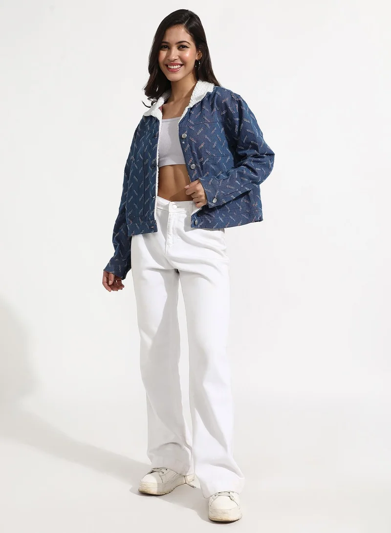 Campus Sutra Women's Blue Clustered Distress Denim Jacket