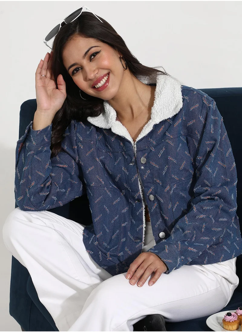 Campus Sutra Women's Blue Clustered Distress Denim Jacket