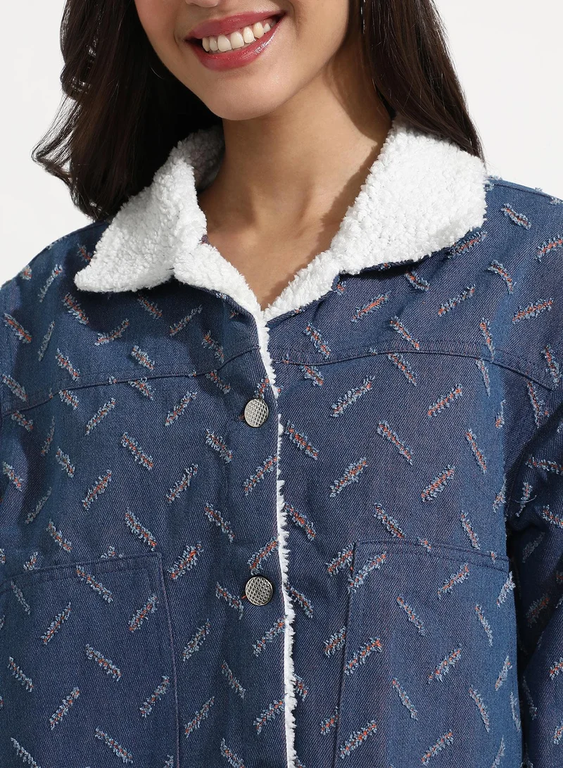 Campus Sutra Women's Blue Clustered Distress Denim Jacket