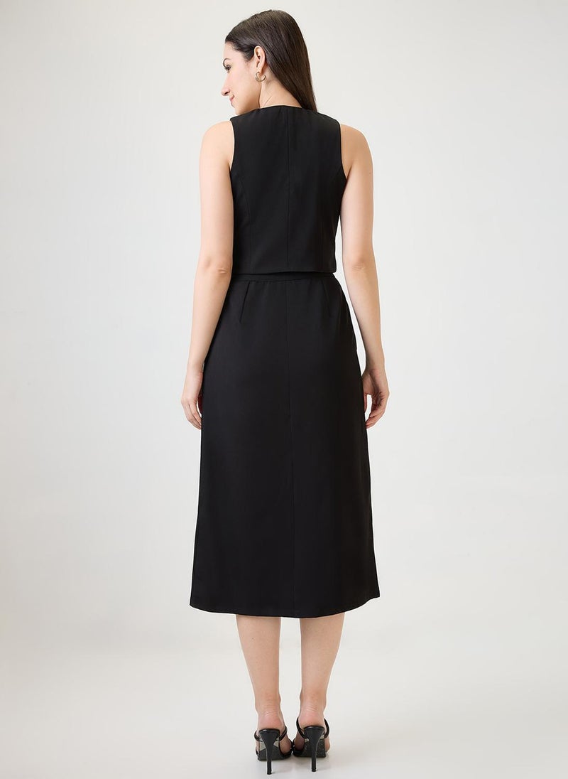 Globus Women Black Formal Co Ords with V Neck Sleeveless Waistcoat & Midi Front Slit Skirt - Image 4