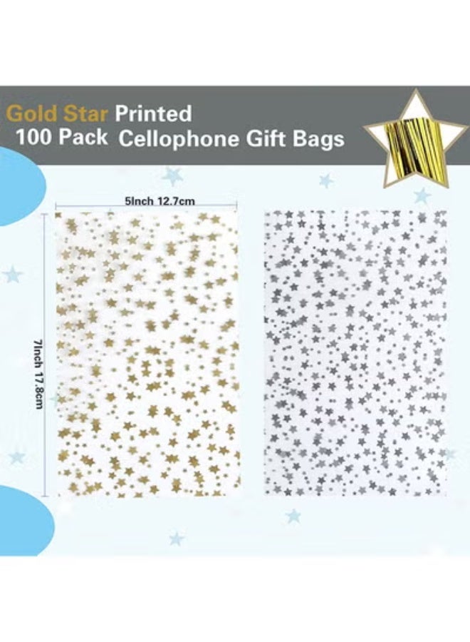 fantasize 100 Pcs Star Printed 5"X 7" Gift Wrap Cello Cellophane Treat Bags Party Favor bags Clear Candy Cookie Bags Plastic Poly Goodie Storage Bags with Twist Ties for Bakery,Birthday, Wedding ,Party Decorations (Gold) - Image 2