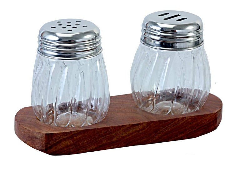 THW THW Plastic Material Chilli Flakes OreganoSpices Dressing Herbs Cheese Seasoning Shaker Dispenser Set with Wooden Holder Set of 2pcs  - Image 1