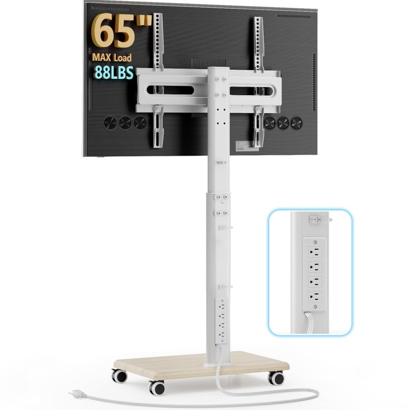 AX WABER Mobile TV Stand with Power Outlets, Floor Portable TV Stand with Wheels for 27-65Inch LCD LED OLED Flat/Curved Panel Screen TVs, Swivel,Height Adjustable&Wood Base, RollingTV Cart White - Image 1