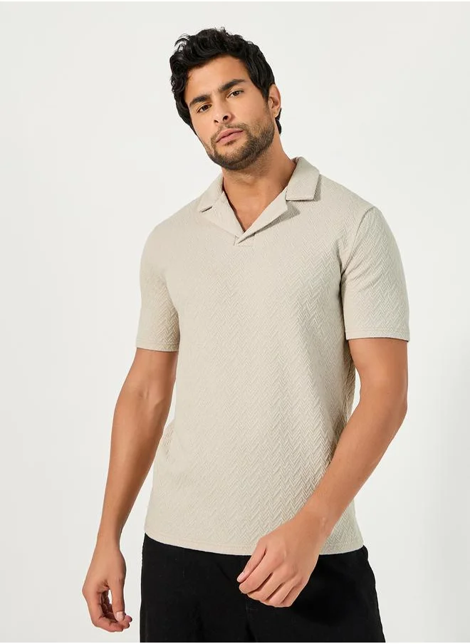 Styli Premium Chevron Textured Knit Revere Collar Relaxed Polo