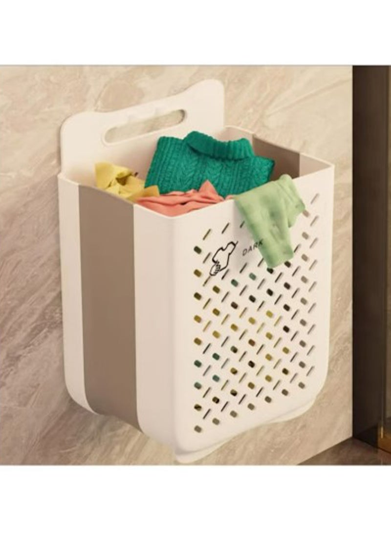 سلة غسيل بلاستيكية قابلة للطي بتصميم معلق على الحائط، سلة متينة مقاومة للماء مع مقبض حمل - Image 1
