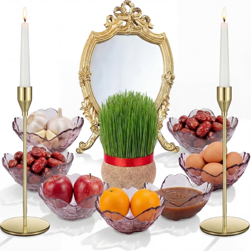 Willinglong 10 Pcs Nowruz New Year Haft Seen Set Antique Gold Resin Frame Decorative Mirror with Golden Candlesticks and Mini Glass Bowls for Nowruz Haft-sin Table Setting Tradition Decor - Image 2