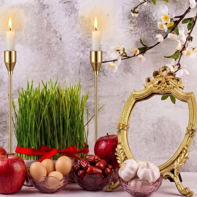 Willinglong 10 Pcs Nowruz New Year Haft Seen Set Antique Gold Resin Frame Decorative Mirror with Golden Candlesticks and Mini Glass Bowls for Nowruz Haft-sin Table Setting Tradition Decor - Image 1