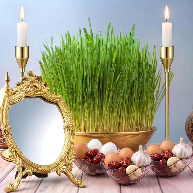 Willinglong 10 Pcs Nowruz New Year Haft Seen Set Antique Gold Resin Frame Decorative Mirror with Golden Candlesticks and Mini Glass Bowls for Nowruz Haft-sin Table Setting Tradition Decor - Image 4