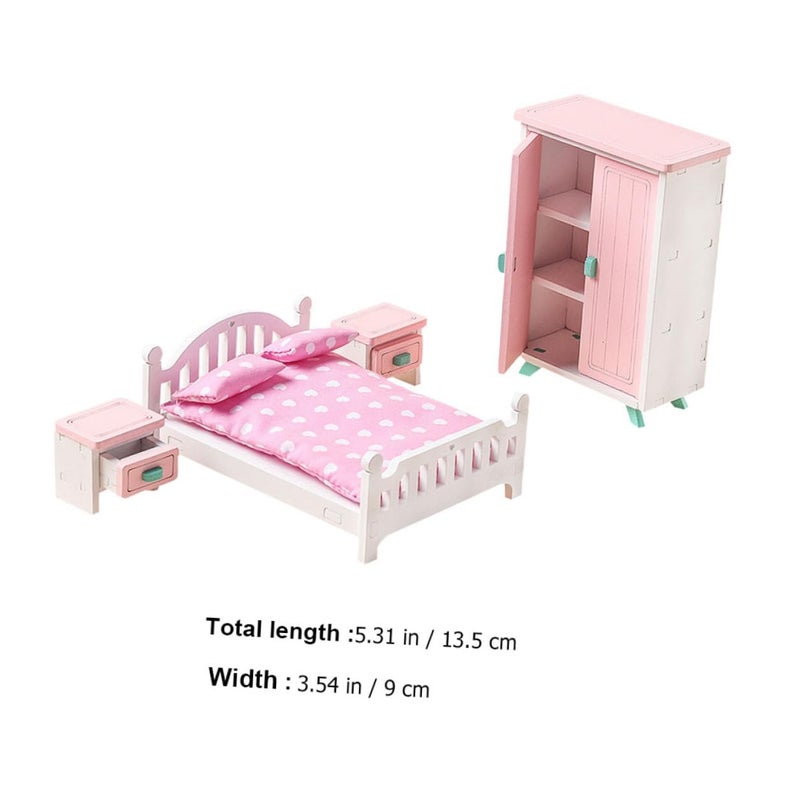 Veemoon Miniature Wooden Dollhouse Bedroom Furniture Set with Bedside Table - Image 3