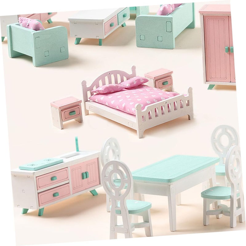 Veemoon Miniature Wooden Dollhouse Bedroom Furniture Set with Bedside Table - Image 5