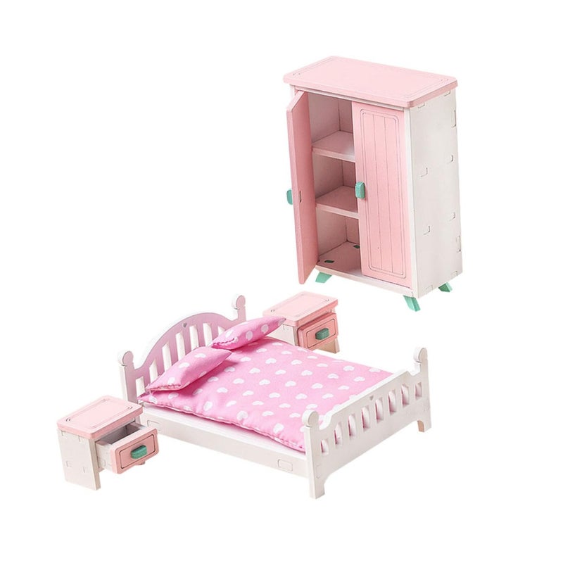 Veemoon Miniature Wooden Dollhouse Bedroom Furniture Set with Bedside Table - Image 2