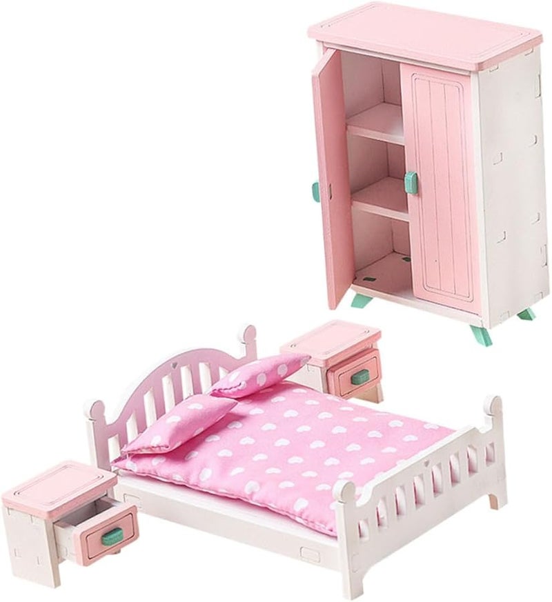 Veemoon Miniature Wooden Dollhouse Bedroom Furniture Set with Bedside Table - Image 1