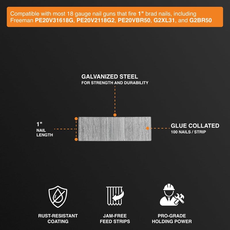 Freeman 18-Gauge 1" Glue Collated Brad Nails – 1,000 Count – Galvanized Steel, Clean Finish, Ideal for Trim, Moulding & Baseboards - Image 4