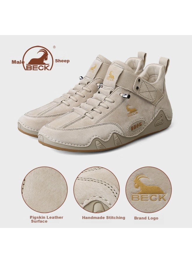 Ram Men's Casual Shoes Autumn And Winter Men's Board Shoes Genuine Leather Comfortable All-match Shoes Men's Mid-top Martin Boots Sand Color