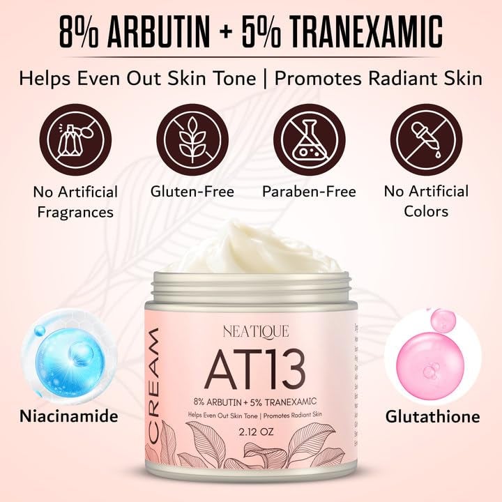 Neatique Arbutin 8% + Tranexamic Acid 5% Cream, 80,000ppm Arbutin, 50,000ppm TXA, AT13 Complex Facial Cream for Niacinamide, Glutathione, Dark Spots, Freckle, Blemishes, Pigmentation, 60ml, 2 fl.oz. - Image 2