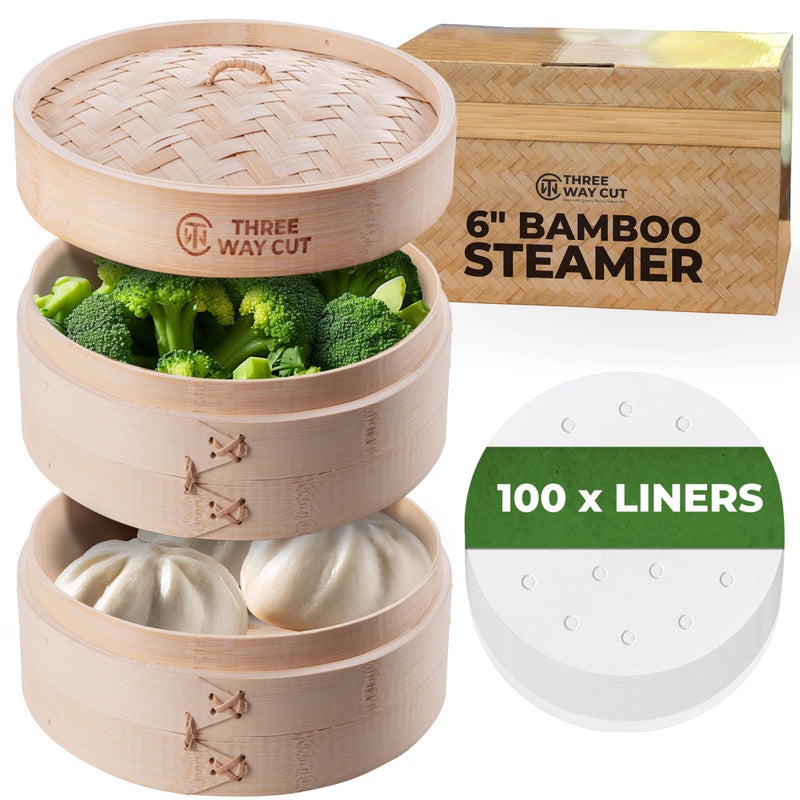 THREE WAY CUT 2-Tier 6" Bamboo Steamer With 100 Parchment Liners- 2 Bamboo Steamer Basket + Lid & 100 Steaming Liner Supplies, Mini Dumpling Steamers Basket For Cooking Bao Bun, Dim Sum Chinese Asian Food&Vegetables - Image 1