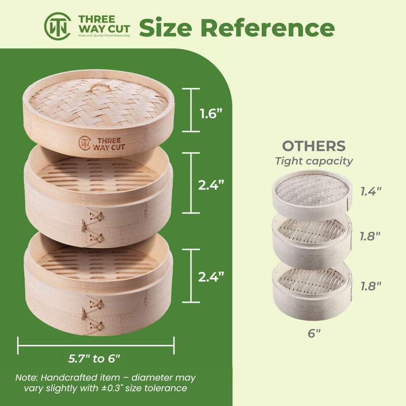 THREE WAY CUT 2-Tier 6" Bamboo Steamer With 100 Parchment Liners- 2 Bamboo Steamer Basket + Lid & 100 Steaming Liner Supplies, Mini Dumpling Steamers Basket For Cooking Bao Bun, Dim Sum Chinese Asian Food&Vegetables - Image 4