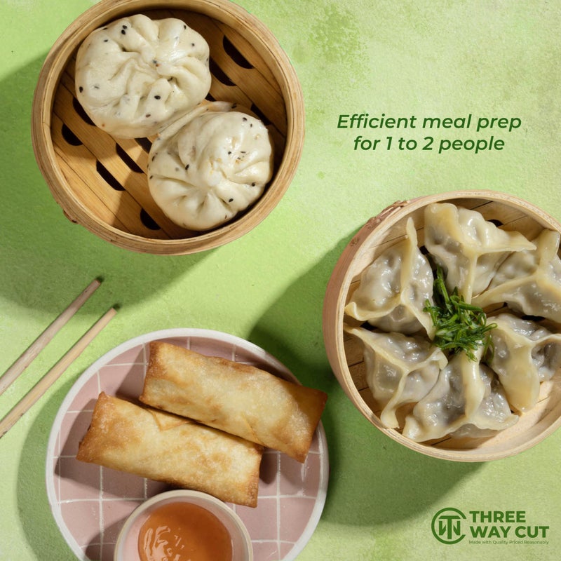 THREE WAY CUT 2-Tier 6" Bamboo Steamer With 100 Parchment Liners- 2 Bamboo Steamer Basket + Lid & 100 Steaming Liner Supplies, Mini Dumpling Steamers Basket For Cooking Bao Bun, Dim Sum Chinese Asian Food&Vegetables - Image 2