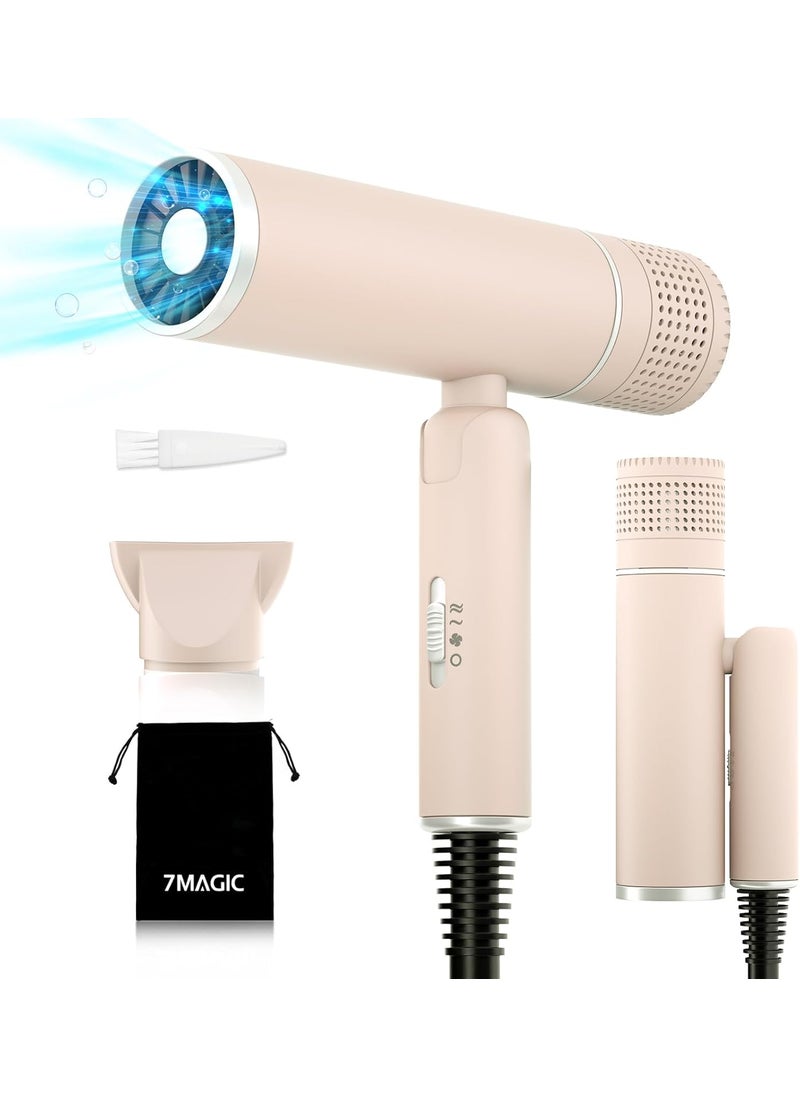 7MAGIC 7MAGIC Foldable Hair Dryer Powerful Ionic Blow Dryer for Fast Drying Travel Hair Blow Dryer with Storage Bag Lightweight Portable Hairdryer for Women Cold2 Heating2 Speed Settings Pink 