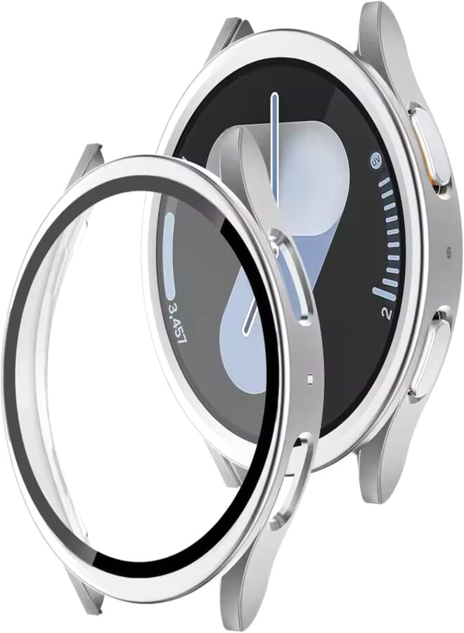 فكرة Fekra Hard PC Screen Protector Case for Samsung Galaxy Watch 7 44mm, Anti-Slip Ultra-Thin Scratch Resistant Cover with Tempered Glass for Galaxy Watch7 44mm (Silver) 