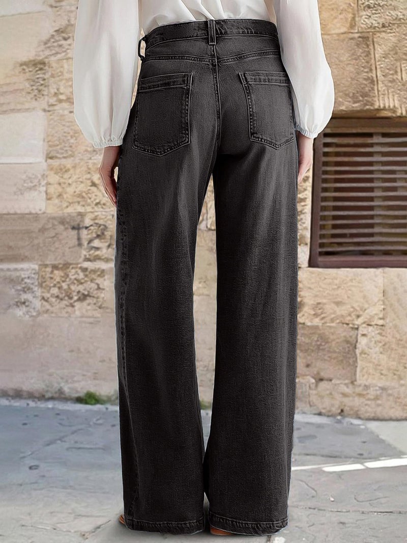 Flamingals Wide Leg Jeans for Women Mid Waist Baggy Stitch Decor Denim Washed Pants Without Belt Black M - Image 2