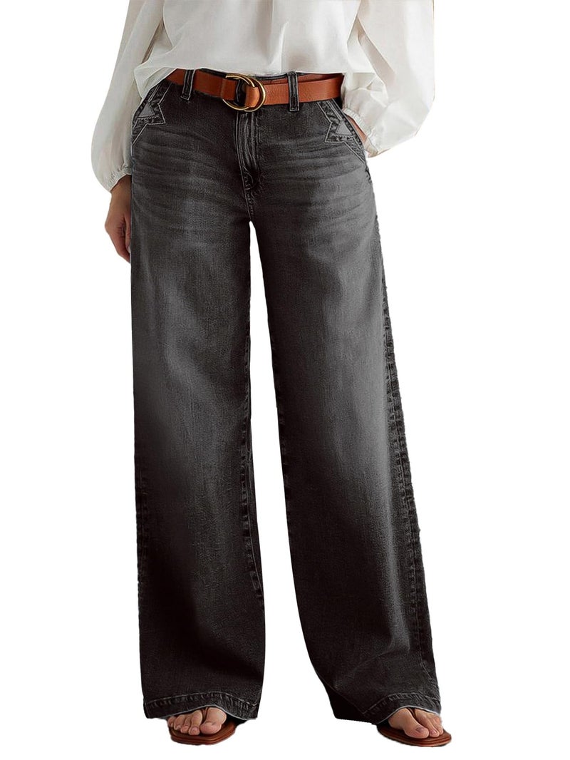 Flamingals Wide Leg Jeans for Women Mid Waist Baggy Stitch Decor Denim Washed Pants Without Belt Black M - Image 1