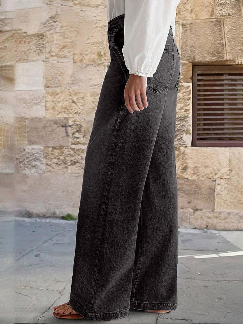 Flamingals Wide Leg Jeans for Women Mid Waist Baggy Stitch Decor Denim Washed Pants Without Belt Black M - Image 3