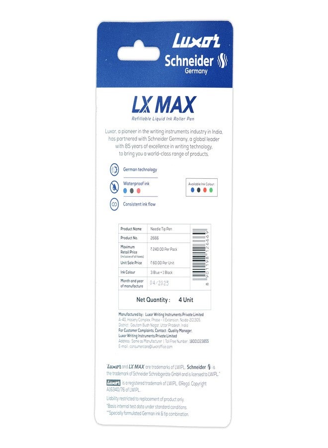الأقصر قلم حبر جاف لوكسور شنايدر LX MAX، عبوة من 4 أقلام، 3 أزرق + 1 أسود، رأس إبرة، 0.5 مم، تقنية ألمانية 100%، طول كتابة يزيد عن 1000 متر، حبر مقاوم للماء، مثالي للطلاب والمهنيين - Image 4