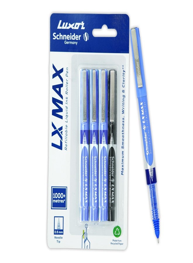 الأقصر قلم حبر جاف لوكسور شنايدر LX MAX، عبوة من 4 أقلام، 3 أزرق + 1 أسود، رأس إبرة، 0.5 مم، تقنية ألمانية 100%، طول كتابة يزيد عن 1000 متر، حبر مقاوم للماء، مثالي للطلاب والمهنيين - Image 1