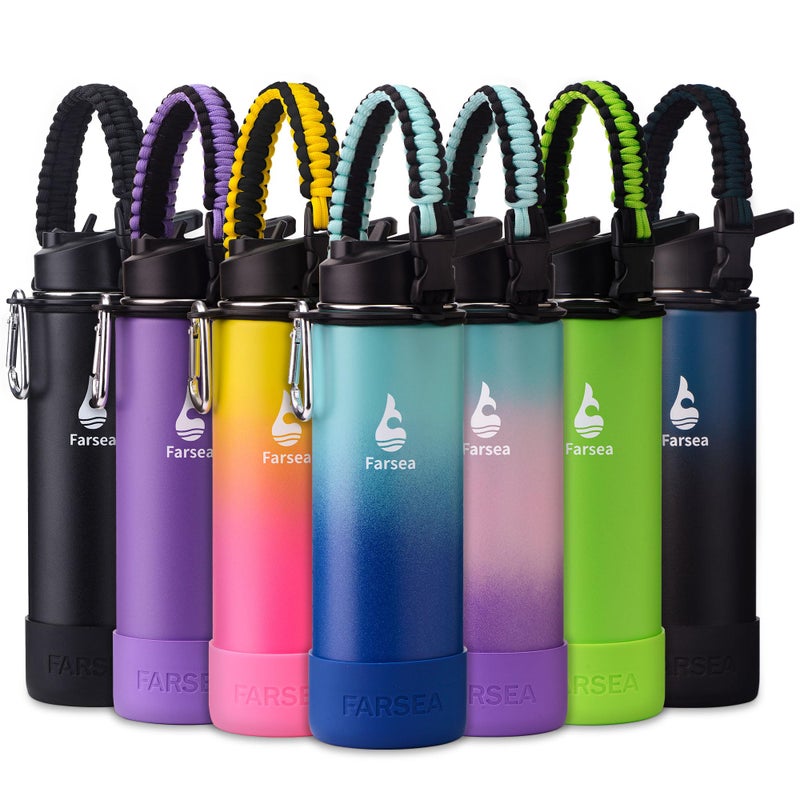 Farsea Insulated Water Bottle With Paracord Handle  Protective Silicone Boot and 2 Lids (Straw Lid & Spout Lid)  Stainless Steel Water Bottle Wide Mouth  Double Wall Sweat-Proof BPA-Free(Ocean  24oz) - Image 1
