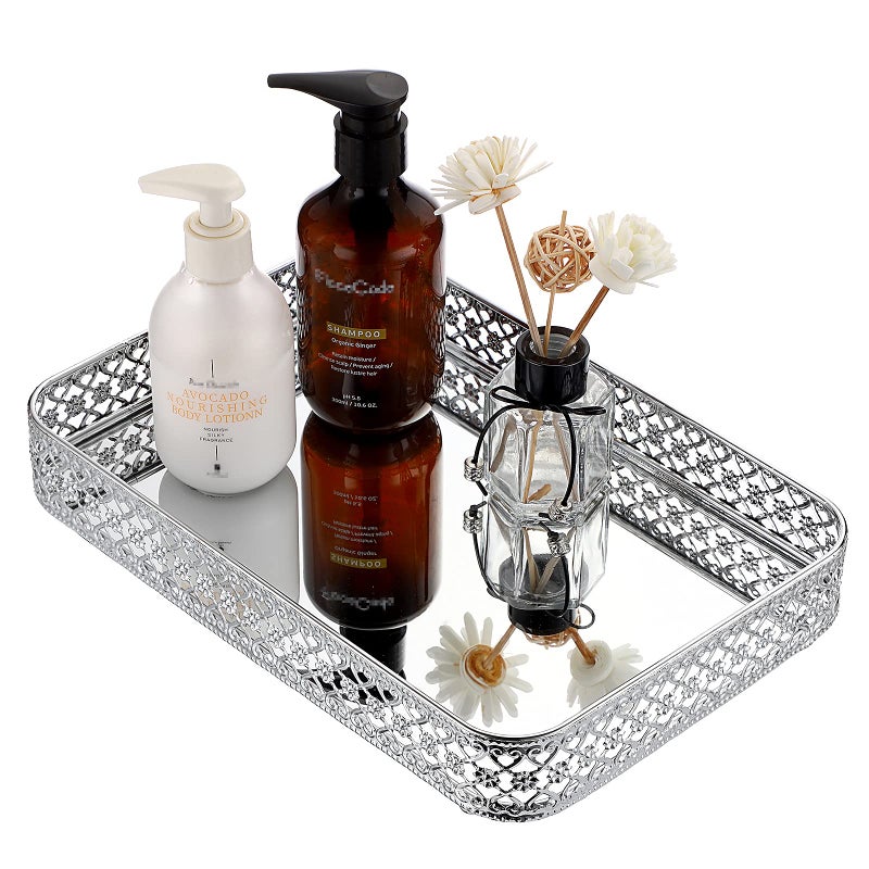 ELLDOO Perfume Mirror Tray Vanity Makeup Hollow-Carved Jewelry Organizer Glass Metal Trinket Storage Tray Home Decor Organizer for Dresser Bathroom Countertop,Silver,Medium Size - Image 1