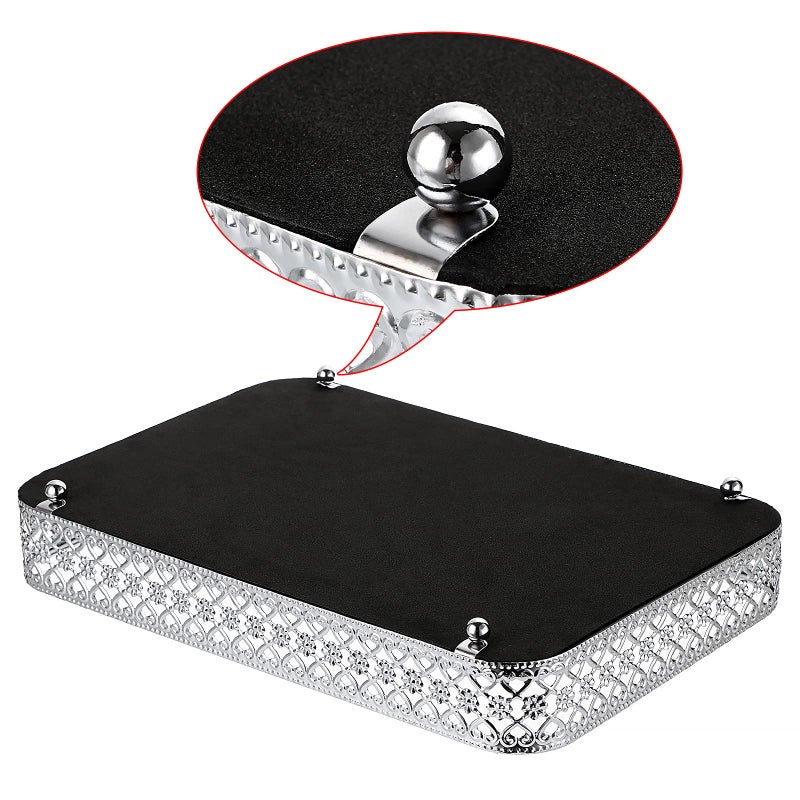 ELLDOO Perfume Mirror Tray Vanity Makeup Hollow-Carved Jewelry Organizer Glass Metal Trinket Storage Tray Home Decor Organizer for Dresser Bathroom Countertop,Silver,Medium Size - Image 4