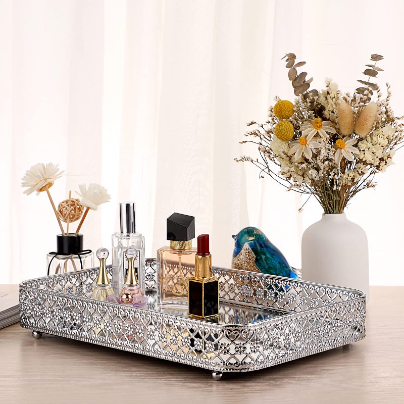 ELLDOO Perfume Mirror Tray Vanity Makeup Hollow-Carved Jewelry Organizer Glass Metal Trinket Storage Tray Home Decor Organizer for Dresser Bathroom Countertop,Silver,Medium Size - Image 3