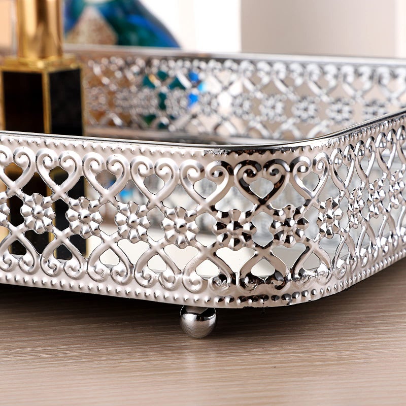ELLDOO Perfume Mirror Tray Vanity Makeup Hollow-Carved Jewelry Organizer Glass Metal Trinket Storage Tray Home Decor Organizer for Dresser Bathroom Countertop,Silver,Medium Size - Image 5