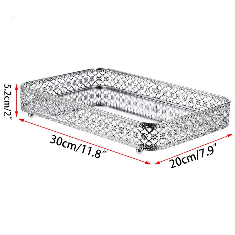 ELLDOO Perfume Mirror Tray Vanity Makeup Hollow-Carved Jewelry Organizer Glass Metal Trinket Storage Tray Home Decor Organizer for Dresser Bathroom Countertop,Silver,Medium Size - Image 2