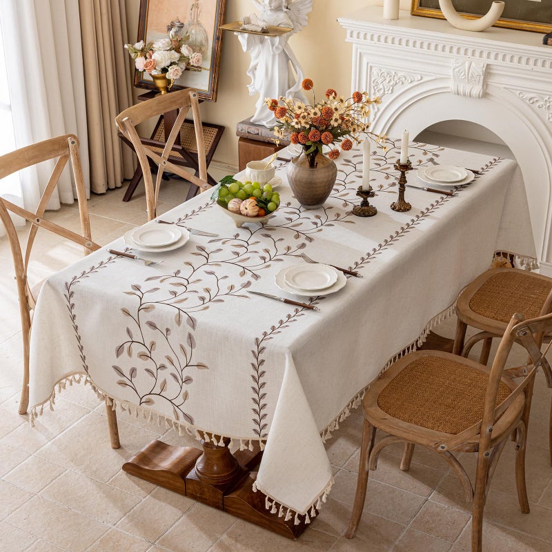 Joyfol Day Square Linen Tablecloth, Heavy Duty Waterproof Tablecloths, Farmhouse Embroidery Leaves Table Cloth with Tassels, Soft Wrinkle Free Table Cover, Coffee Vines, 55''x 55'' - Image 1