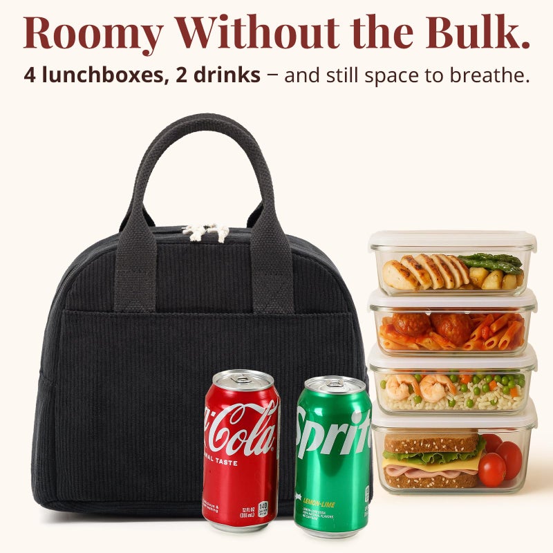 LOVELYWIND Insulated Black Lunch Bag for Men Women, Stylish Corduroy Tote with Aluminum Lining, Large Capacity Reusable Cooler for Work, Travel, Beach or Picnic, Soft Black Water-Resistant Lunch Box - Image 2