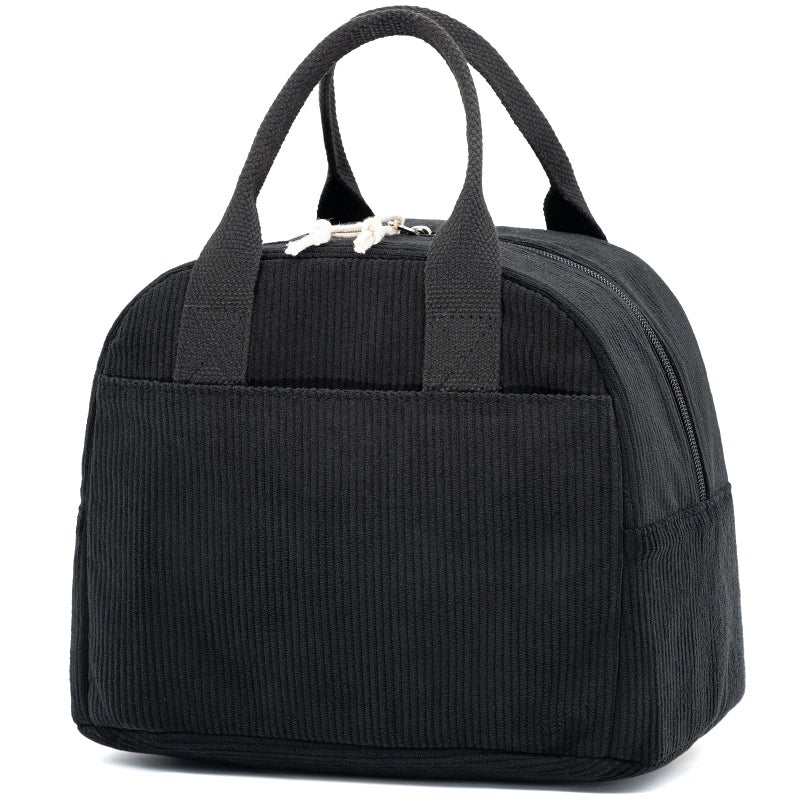 LOVELYWIND Insulated Black Lunch Bag for Men Women, Stylish Corduroy Tote with Aluminum Lining, Large Capacity Reusable Cooler for Work, Travel, Beach or Picnic, Soft Black Water-Resistant Lunch Box - Image 1