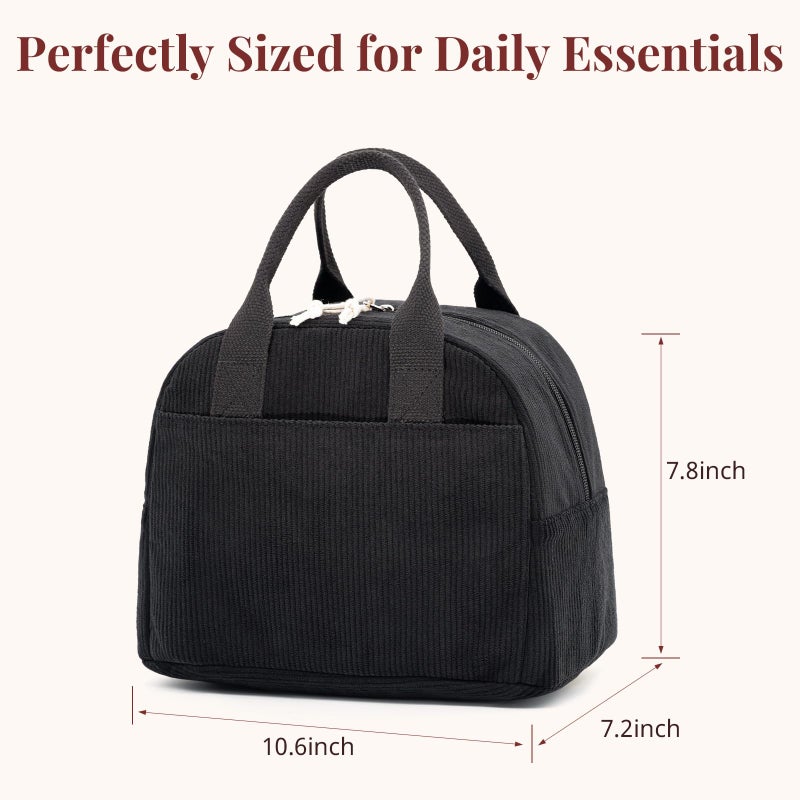 LOVELYWIND Insulated Black Lunch Bag for Men Women, Stylish Corduroy Tote with Aluminum Lining, Large Capacity Reusable Cooler for Work, Travel, Beach or Picnic, Soft Black Water-Resistant Lunch Box - Image 3