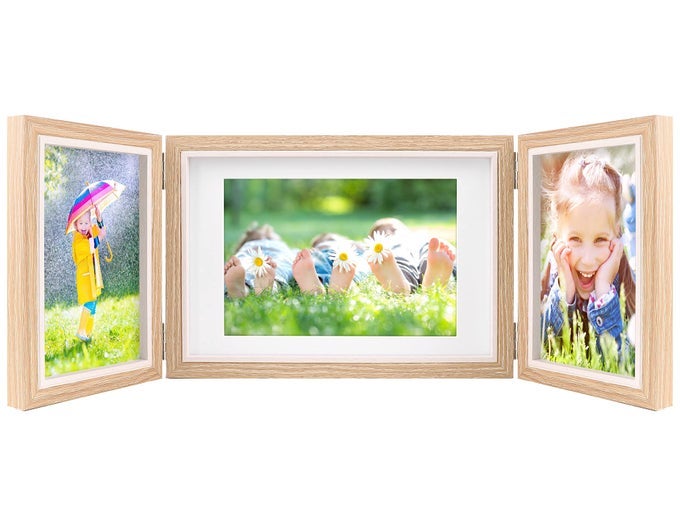 THREE PICTURE FRAME DISPLAY 4X6 AND 5X7 WOODEN HINGED FOLDING PHOTO FRAME DEFINITION GLASS STAND VERTICALLY ON DESKTOPGRAIN