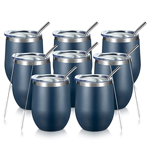 COMOOO 12oz Stainless Steel Wine Tumbler with Lid and Straw Double Wall Vacuum Insulated Wine Tumbler Cup Stemless for Hot and Cold Drinks, Coffee, Wine, Cocktails Navy, 8 Pack - Image 1