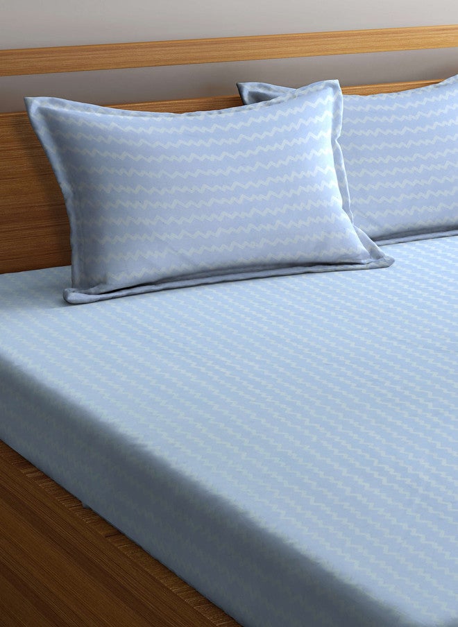 Arrabi Blue Striped Cotton 300 TC Fitted King Bedsheet with 2 Pillow Covers - Image 3