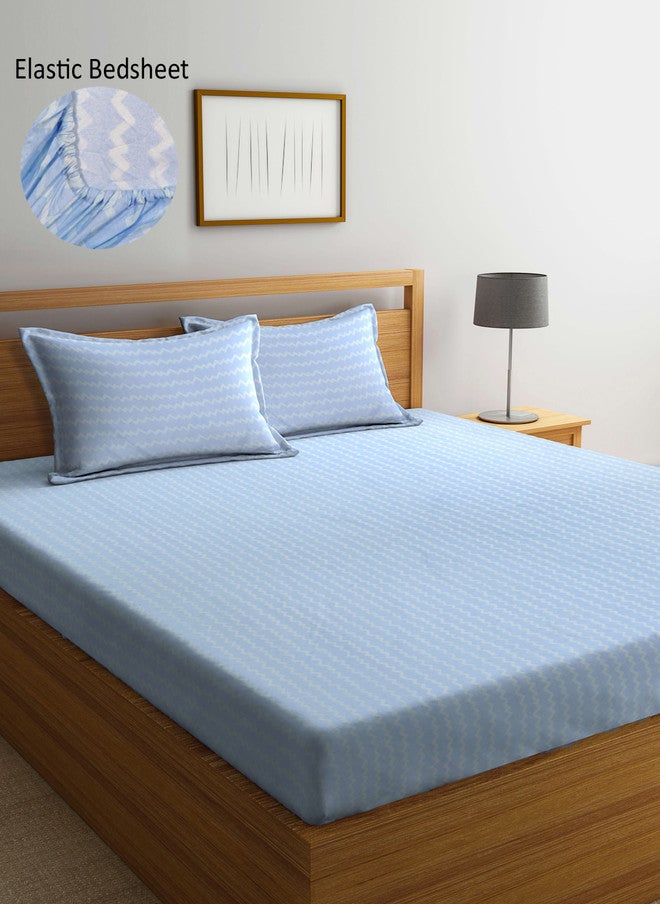 Arrabi Blue Striped Cotton 300 TC Fitted King Bedsheet with 2 Pillow Covers - Image 1
