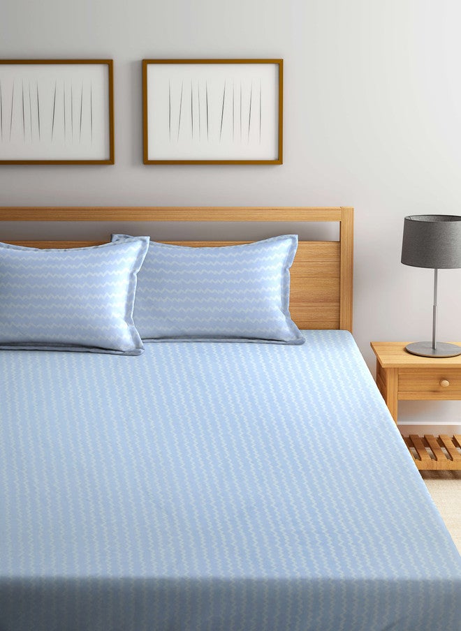 Arrabi Blue Striped Cotton 300 TC Fitted King Bedsheet with 2 Pillow Covers - Image 2