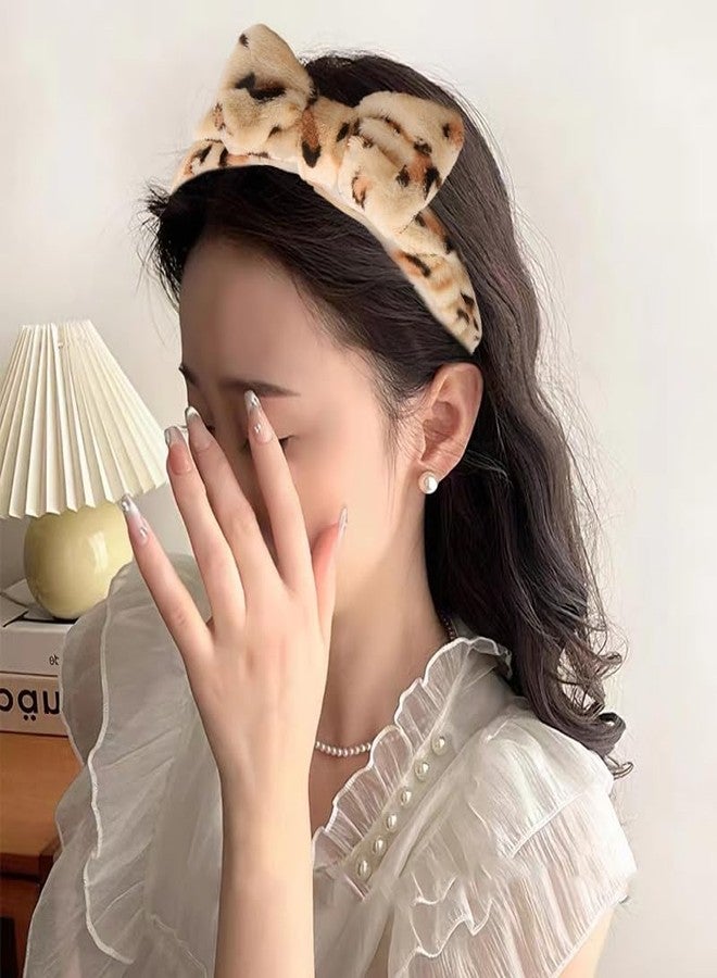 Sisadodo Spa Makeup Headband for Women Girls Bow Head Wrap Band for Women Face Wash Headbands Hairband for Washing Face Skincare Headband Wristbands Set for Sports Yoga Beauty Hair Band Beige Leopard - Image 3