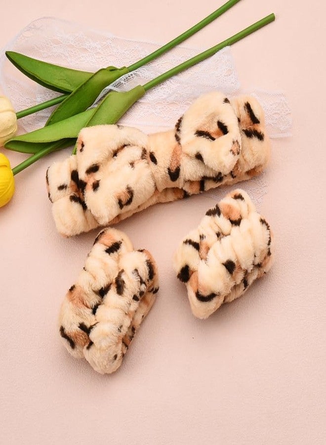 Sisadodo Spa Makeup Headband for Women Girls Bow Head Wrap Band for Women Face Wash Headbands Hairband for Washing Face Skincare Headband Wristbands Set for Sports Yoga Beauty Hair Band Beige Leopard - Image 5
