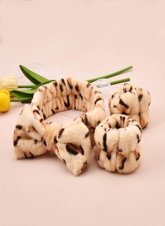 Sisadodo Spa Makeup Headband for Women Girls Bow Head Wrap Band for Women Face Wash Headbands Hairband for Washing Face Skincare Headband Wristbands Set for Sports Yoga Beauty Hair Band Beige Leopard - Image 4