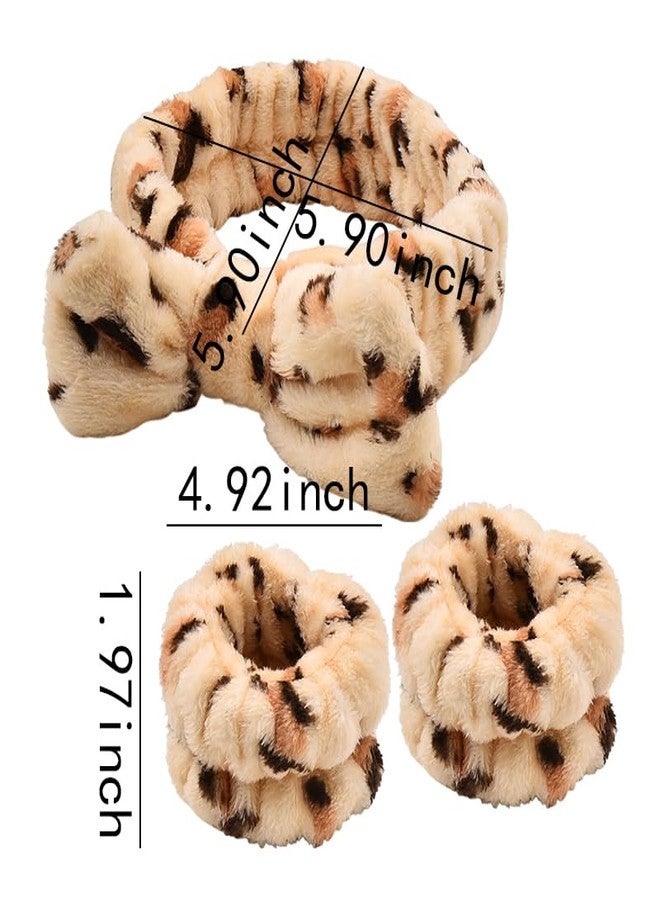 Sisadodo Spa Makeup Headband for Women Girls Bow Head Wrap Band for Women Face Wash Headbands Hairband for Washing Face Skincare Headband Wristbands Set for Sports Yoga Beauty Hair Band Beige Leopard - Image 2