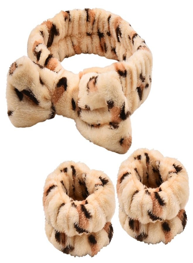 Sisadodo Spa Makeup Headband for Women Girls Bow Head Wrap Band for Women Face Wash Headbands Hairband for Washing Face Skincare Headband Wristbands Set for Sports Yoga Beauty Hair Band Beige Leopard - Image 1